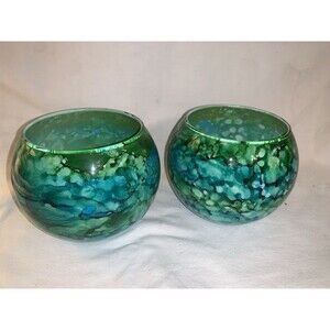 Pair (2)Hand Blown Painted Glass Bowls/Vase Green Blue Gold Tropical 6”D 6”H EUC